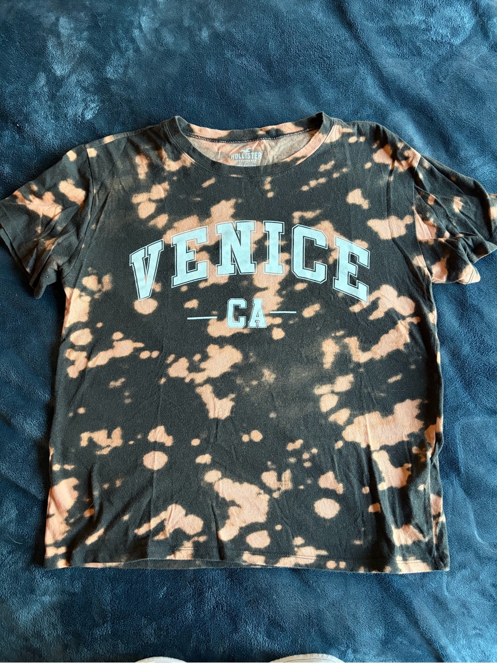 Hollister Black Tee with Peach Bleach Splatter and Light Blue VENICE CA Logo